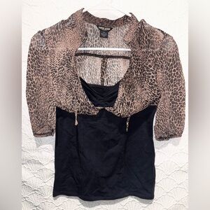 Express Leopard Print Sheer Blouse - Black and Brown
